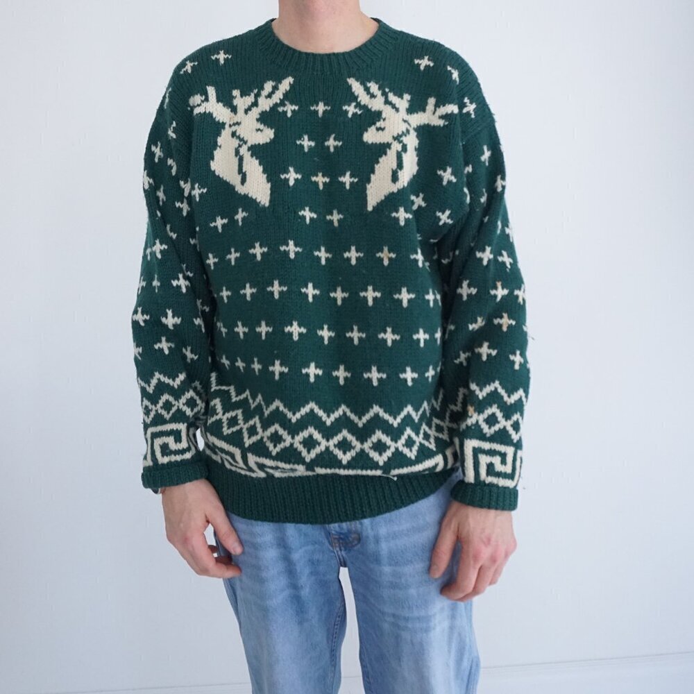 Vtg'80S Club Monaco By Alfred Song Green 100% Wool Cream Knit Deer Sweater XL